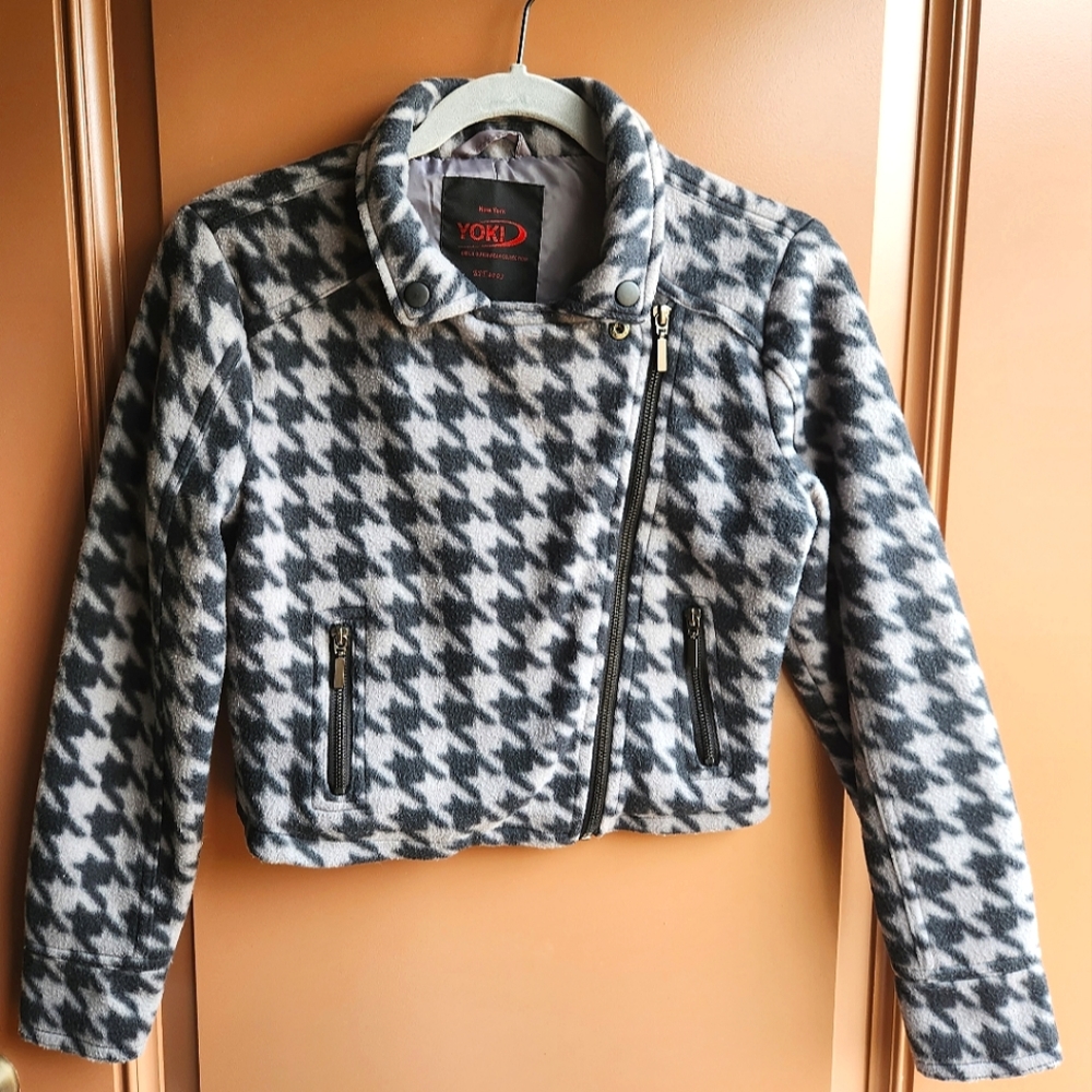 Yoki Girls Cropped Houndstooth Fleece Moto Jacket ~ Size L (10-12)